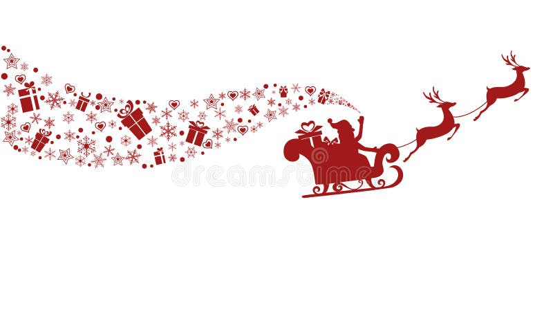 Red Silhouette. Santa claus flying with reindeer sleigh.