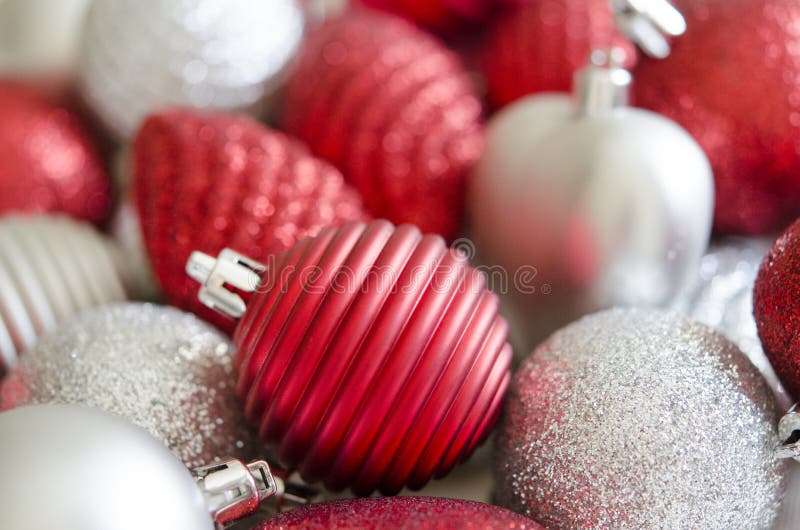 Red, Silver Christmas Balls. Festive Background and Wallpaper. Stock