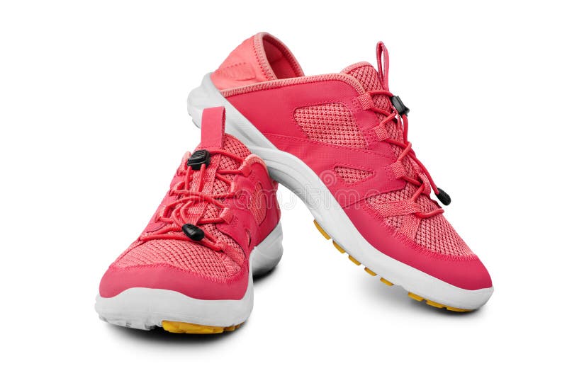 Red sneakers white background isolated close up front side view, pink sport sneaker shoes, pair running gumshoes, fitness boots