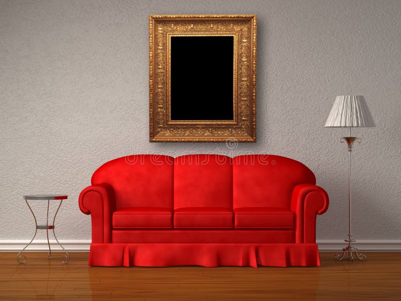 Red sofa with antique frame, table and stand lamp