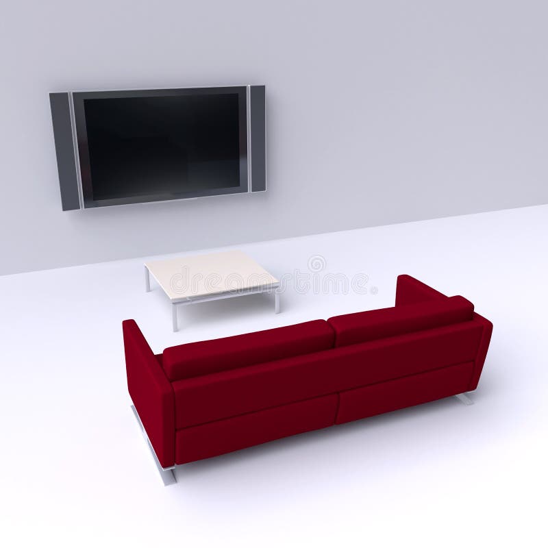 Red Sofa with a Flat Screen TV on the Wall Stock Illustration