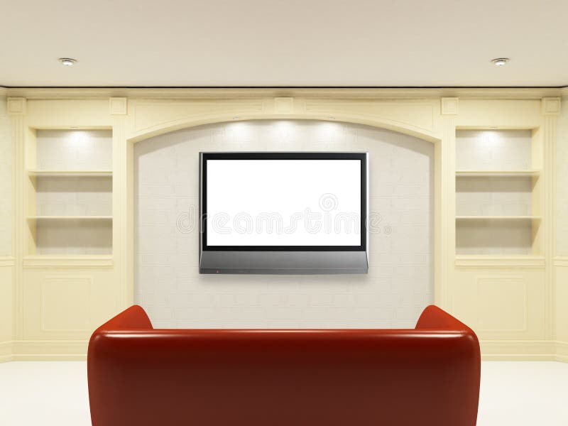 Red sofa with LCD tv on the wall