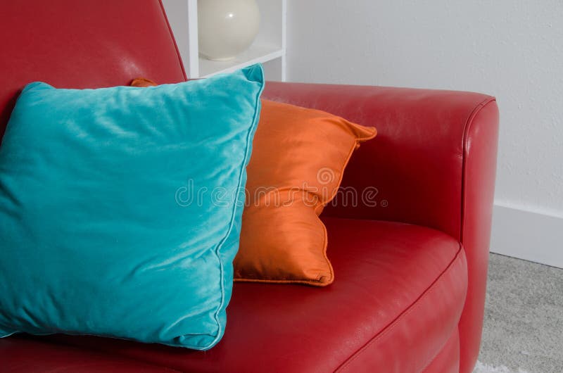 Red Sofa and Pillows stock photo. Image of house, decor 32707064