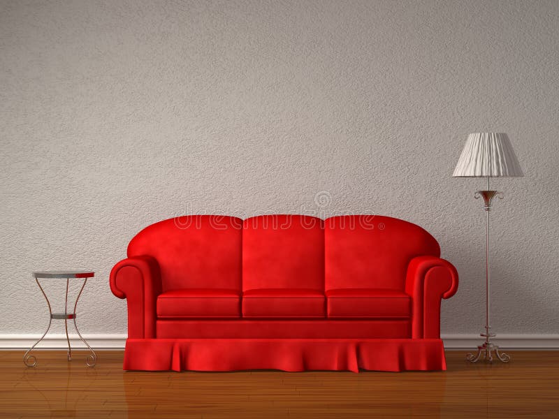 Red sofa with table and stand lamp