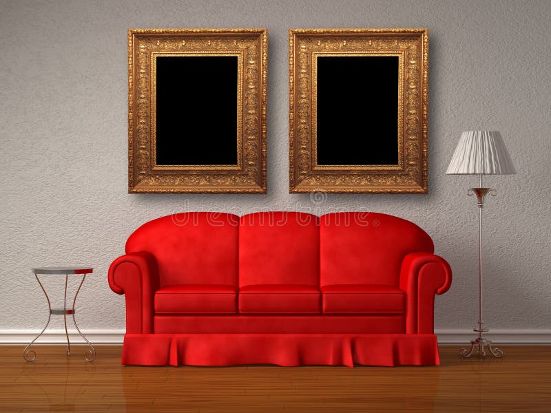 Red sofa with table and stand lamp with frames