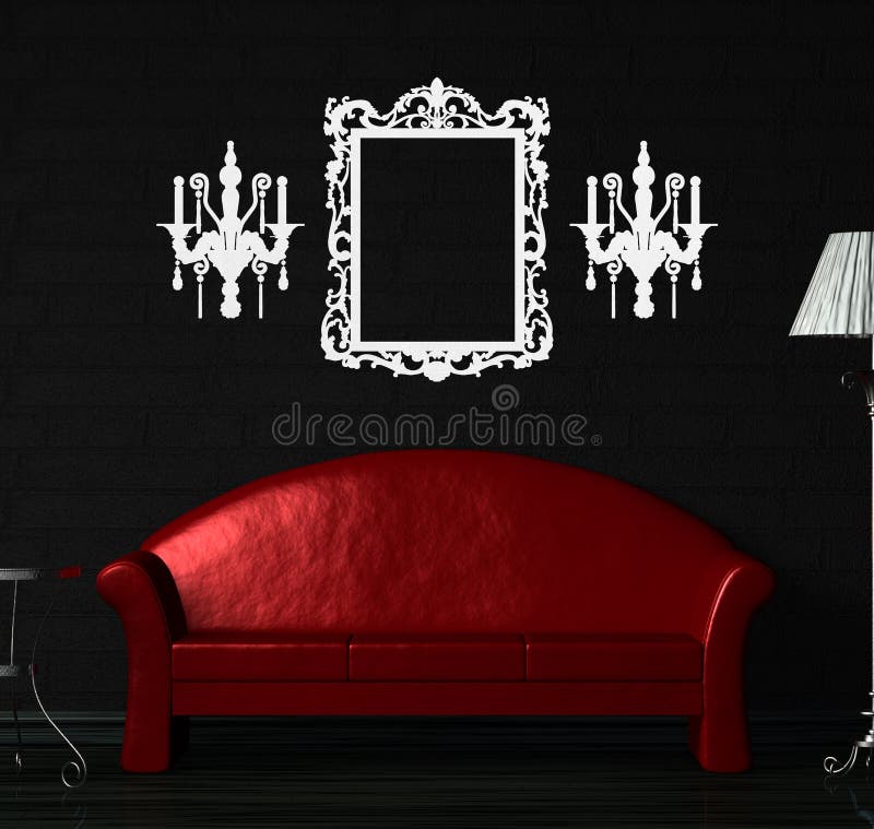 Red sofa, table and standard lamp