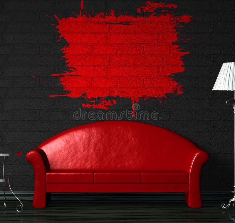 Red sofa, table and standard lamp with splash