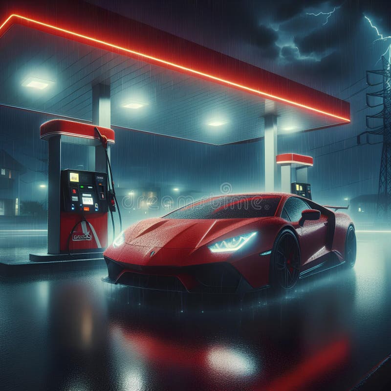 Red sports car at a gas station, rain, thunder, dark and ominous royalty free illustration