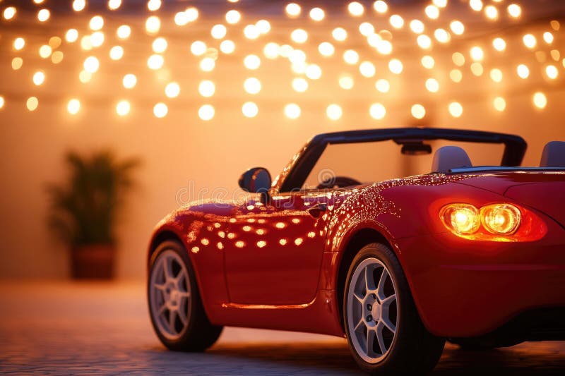 A red sports car is parked in front of a modern building stock photo