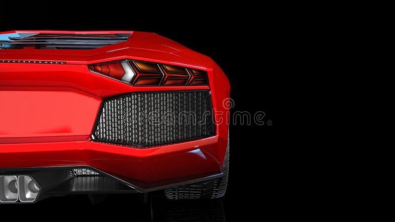 Red sports car, rear end and taillights of a sport automobile, race car isolated on black background, 3D render