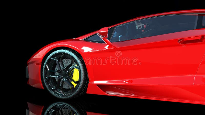 Red sports car, wheel and left side of a sport automobile, race car isolated on black background, 3D render