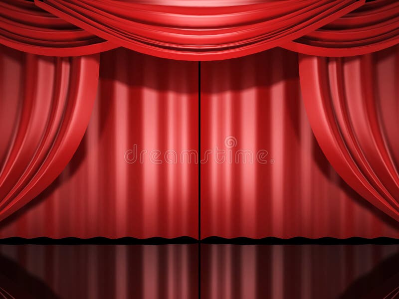 Red stage drapes. Background, cinema.
