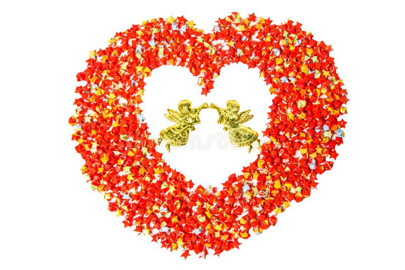 Red star paper heart shape on white with angel with clipping path stock image Red star paper heart shape on white with angel with clipping path stock image