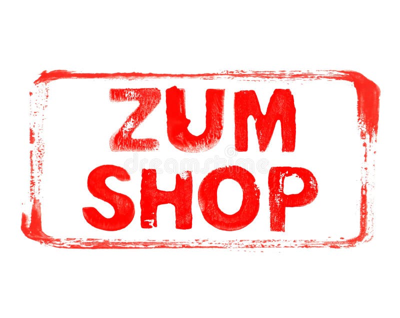 Red stencil frame with grunge text in german language: To Shop vector illustration