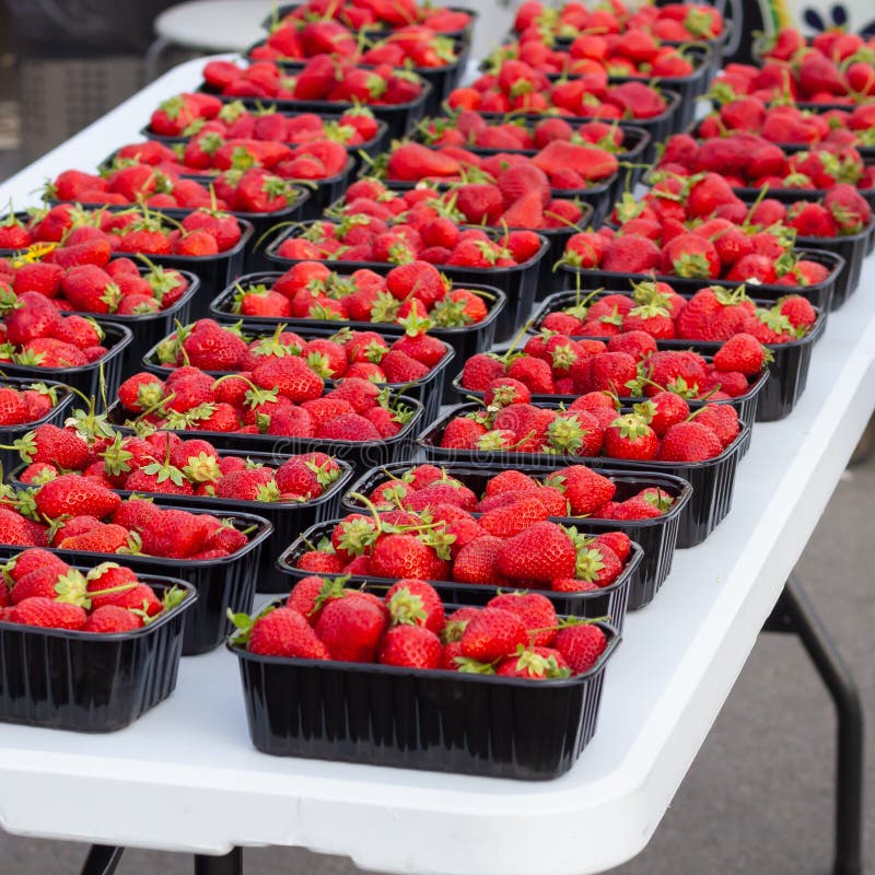 Red Strawberries in Black Plastic Containers for Sale on the Market