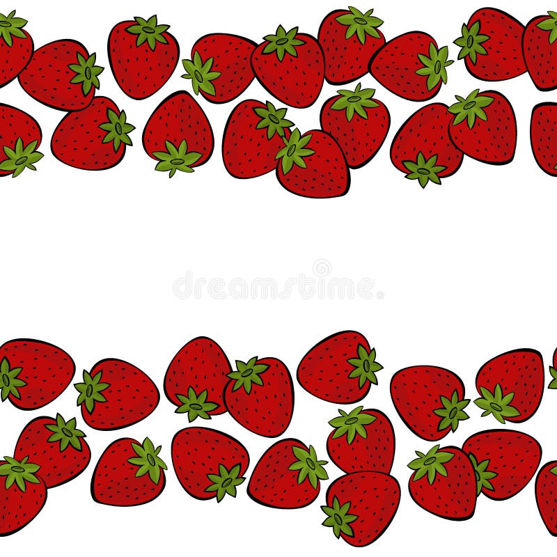 Red strawberries double horizontal border on white fruit illustration