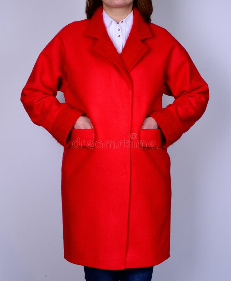 Red Stylish Coat With Pockets On Grey Background. Outerwear, Collection