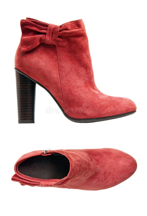 Red suede female boot, side and top views