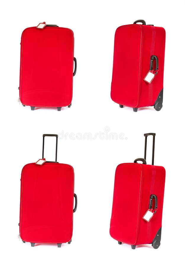 Red suitcase with blank tag over white. Set