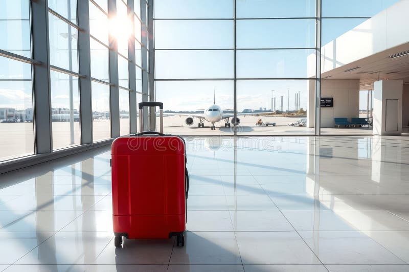 Red Suitcase im leeren Terminal. Ein einsamer roter Koffer liegt auf einem unberührten Terminal des Flughafens in der Nähe eines großen Fensters, das einen hellen Himmel und ein Jet-Flugzeug offenbart.