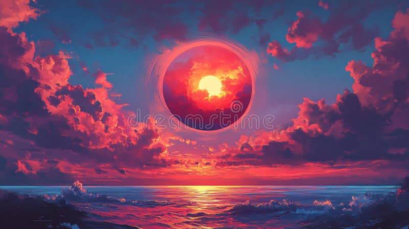 Red Sunset Over Ocean with Pixel Art Clouds Stock Illustration