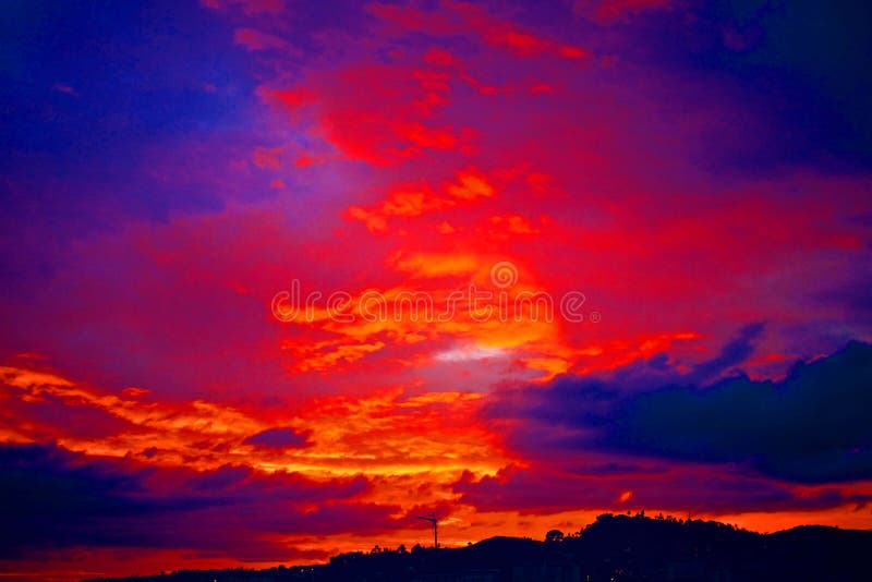 Red Sunset Sky and Beautiful Blue Sky Background with Clouds and Sunlight  Beams Stock Photo - Image of morning, evening: 175763174