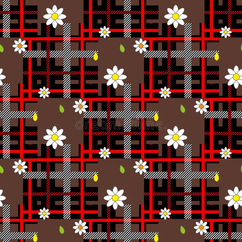 Red tartan plaid and daisy flowers pattern on checkered background for textile vector illustration Red tartan plaid and daisy flowers pattern on checkered background for textile vector illustration