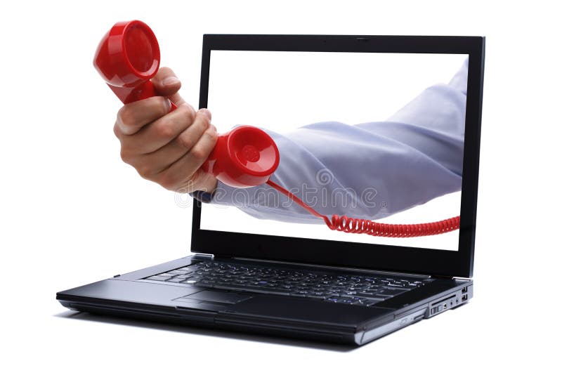Ruky cez notebook, monitor, dáva červené telefónne prijímač koncept pre internet, telefón alebo voice over ip.