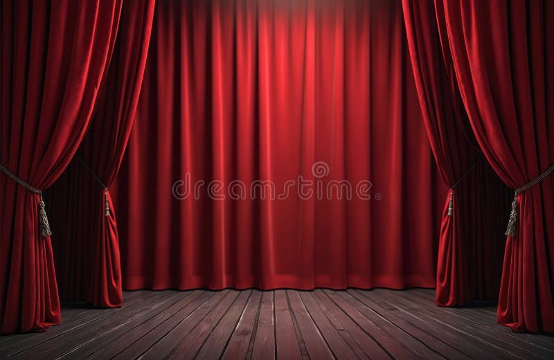 Red theater curtain slightly open on stage. Wooden floor. Empty scene background, performance art, show, cinema, concert event,