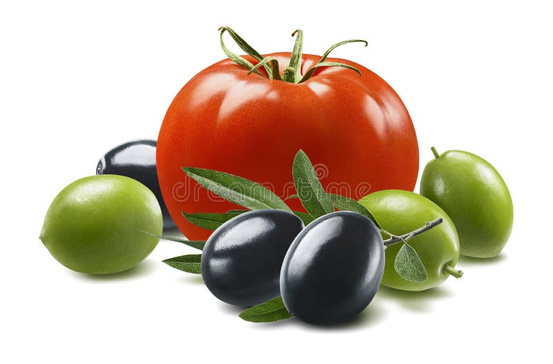 Red tomato, green and black olives isolated on white background