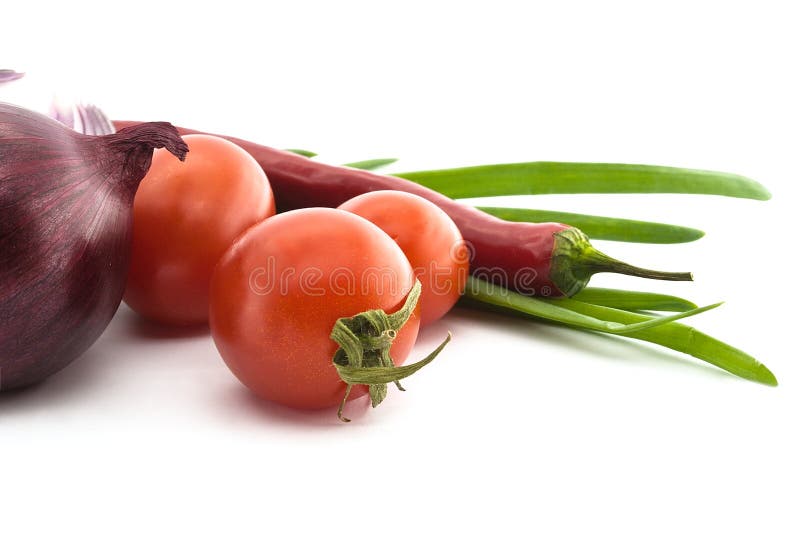 Red tomato, onion and chili pepper. Vegetables for mexican food