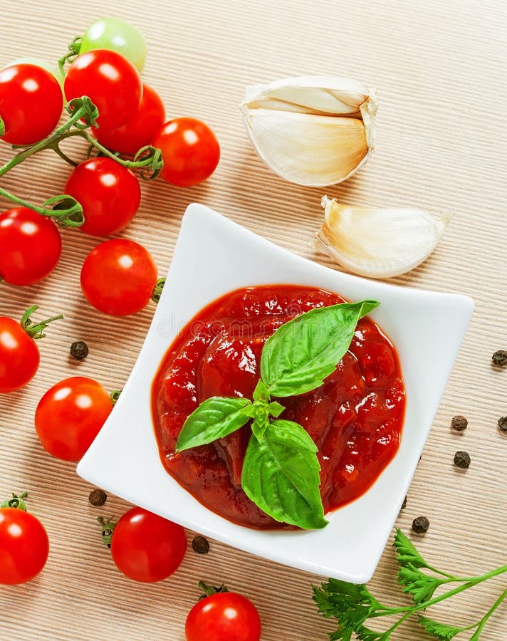 Red tomato sauce stock image. Image of food, green, juicy 27413699