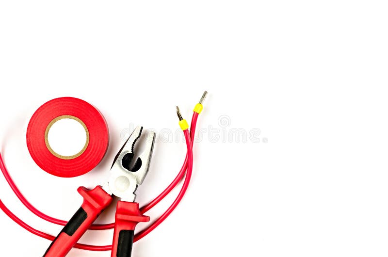 Red tools collection - electrical cable, pliers, insulating tape stock photography