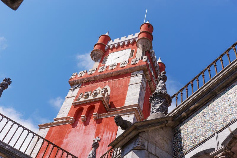 Red tower in Pena National Palace (Palacio Nacional da Pena) - Romanticist palace in Sintra