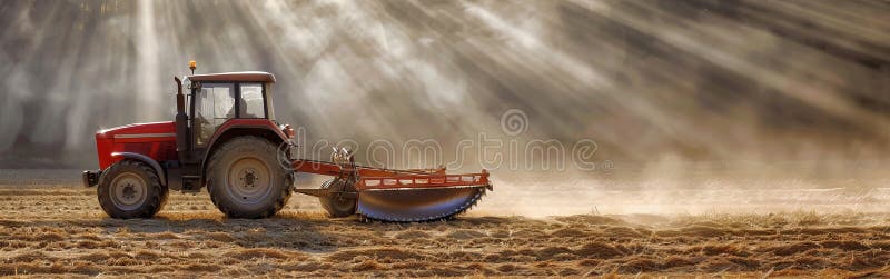 Red tractor plowing field at sunset with sunbeams shining through the dust vector illustration