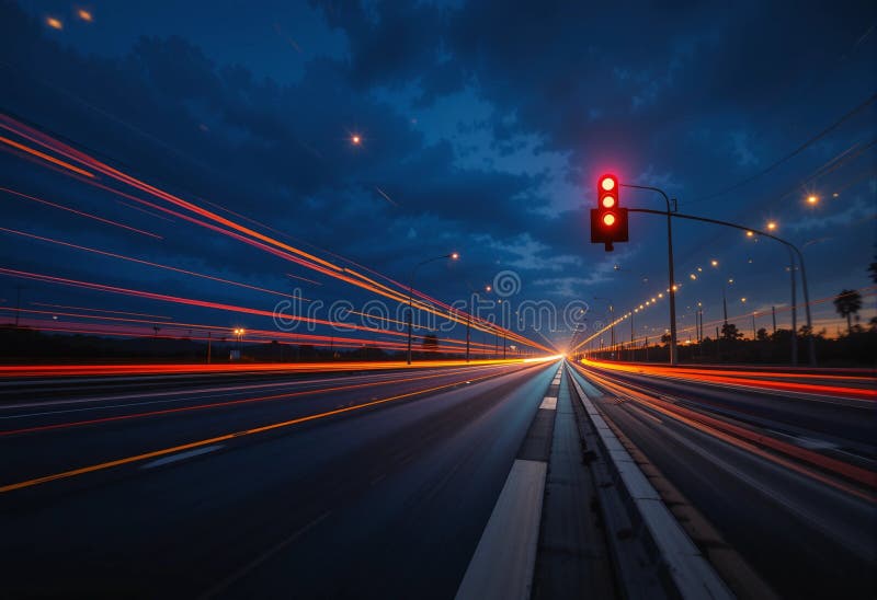 A red traffic light is lit up on a dark street royalty free illustration