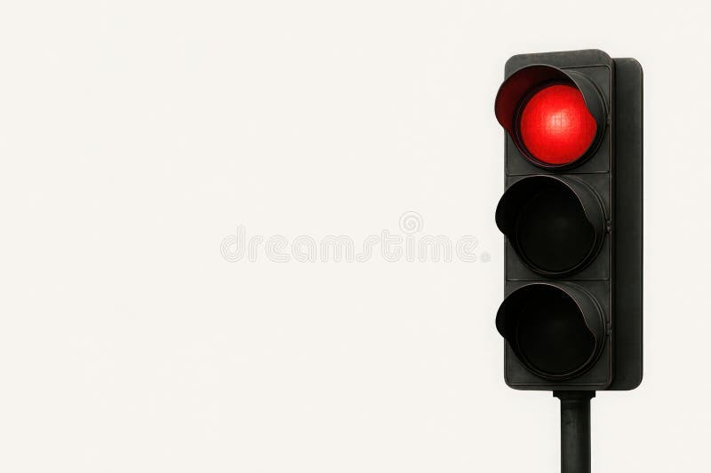 A red traffic light on a white background. Space for text.