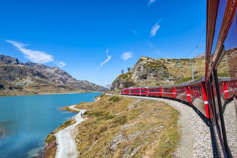 Red train of Bernina in the Swiss alps