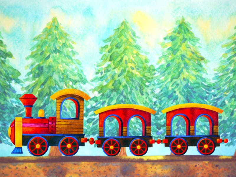 Red train retro cartoon watercolor painting travel in christmas pine tree forest illustration design hand drawing