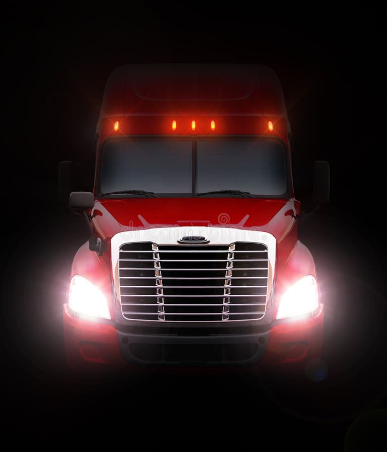 Red truck Freightliner Cascadia is a front view in the dark.