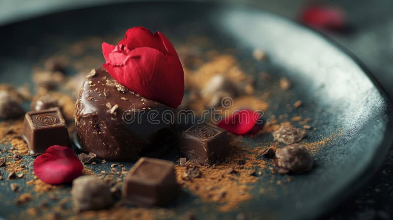 Red Tulip and Dark Chocolate Dessert auf einem dunklen Teller lizenzfreie abbildung