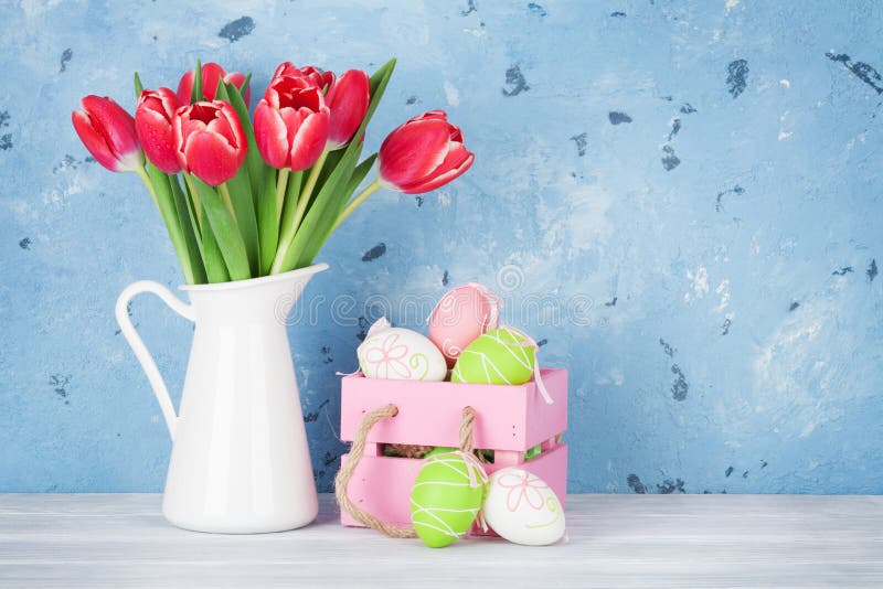 Red Tulip Flowers and Easter Eggs Stock Photo - Image of decor, spring ...