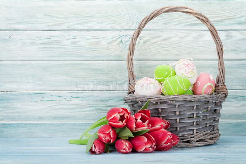 Red Tulip Flowers and Easter Eggs Stock Photo - Image of orange ...