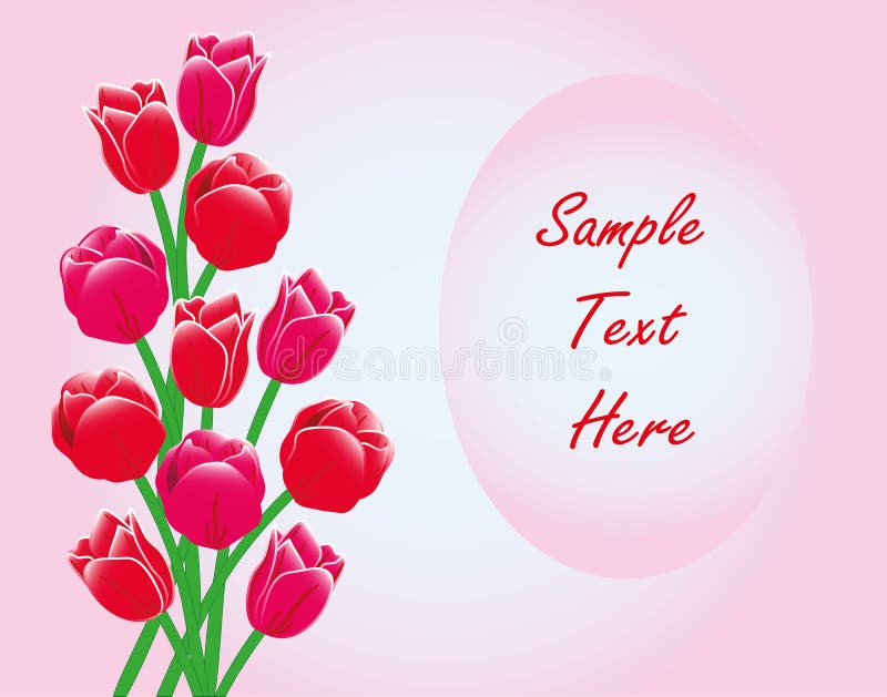 Elegant holiday card frame pattern of red tulips on a pink background. Have the opportunity to write and edit the congratulatory text. In the figure used free font, taken here. Compliments people vectors