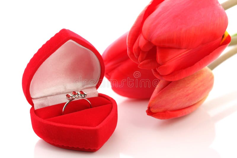 Red tulips and Jewelry Box with ring