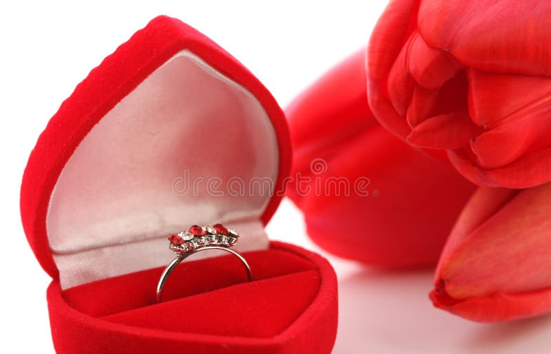 Red tulips and Jewelry Box with ring