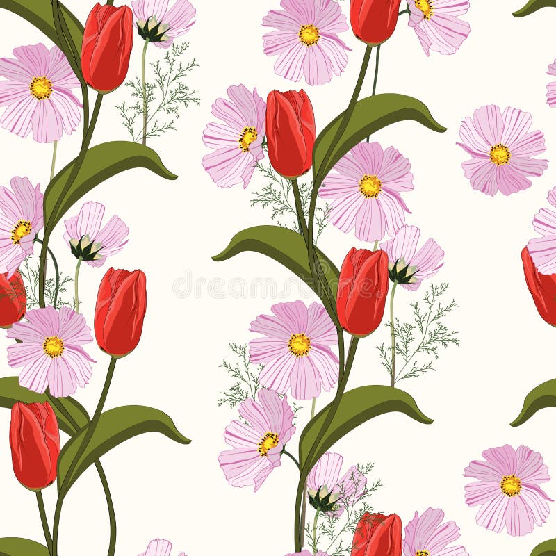 Red tulips and pink spring flowers seamless pattern. Vector illustration. royalty free illustration Red tulips and pink spring flowers seamless pattern. Vector illustration. royalty free illustration