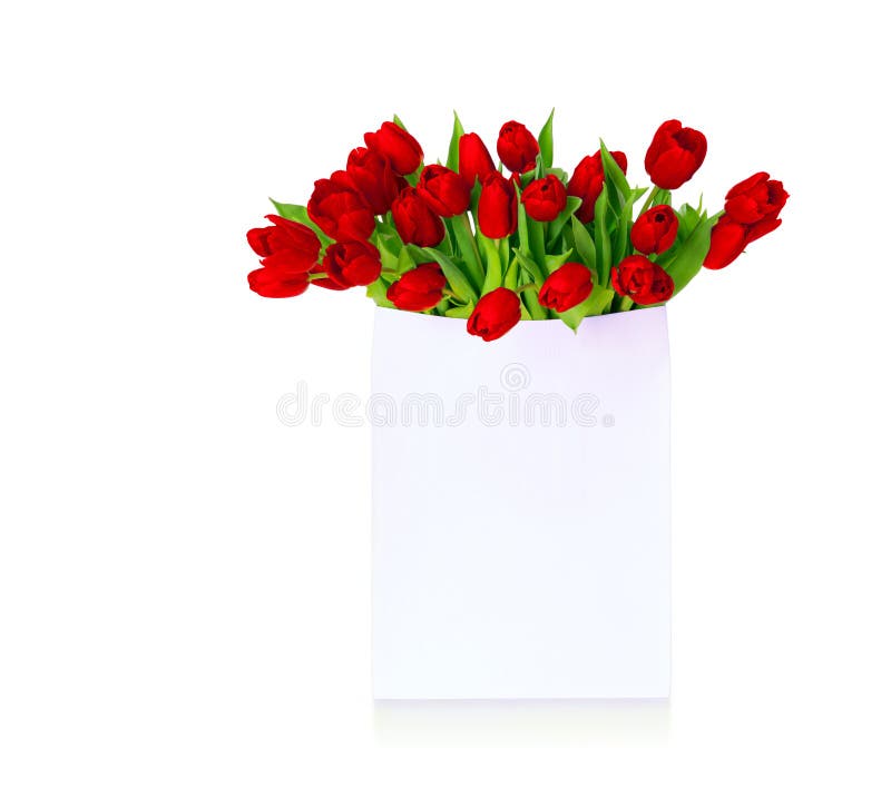 Red tulips in white shopping bag with text Sale. stock photos Red tulips in white shopping bag with text Sale. stock photos