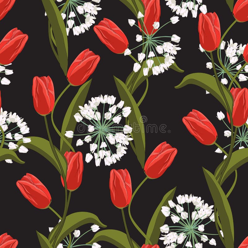 Red tulips and white spring flowers seamless pattern. Vector illustration. stock illustration Red tulips and white spring flowers seamless pattern. Vector illustration. stock illustration