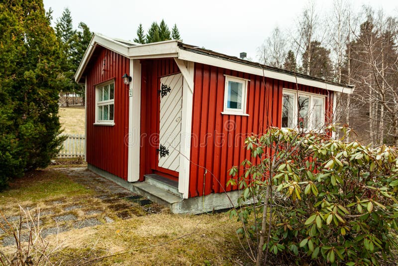 Red Typical Cottage in Lorenskog in the Fifties, Norway Stock Photo